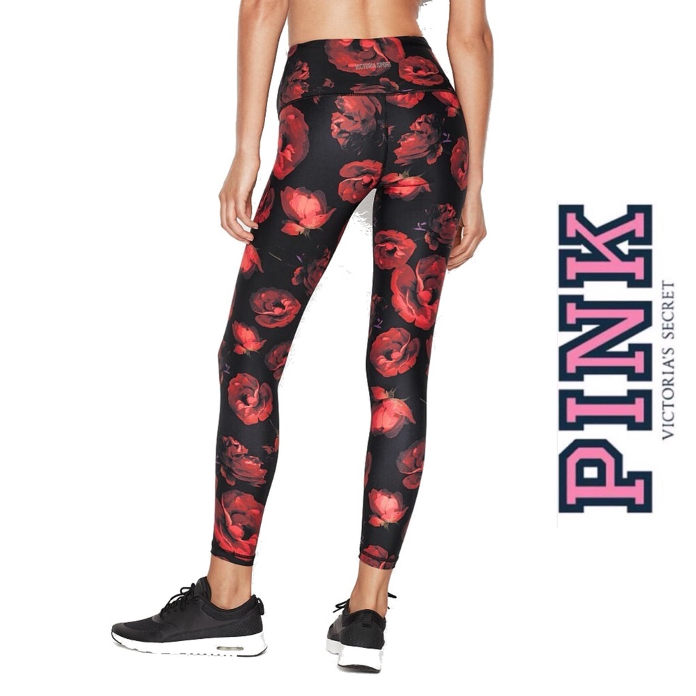 Victoria's Secret Black and Red Rose Floral Leggings SIZE XL 6023-B